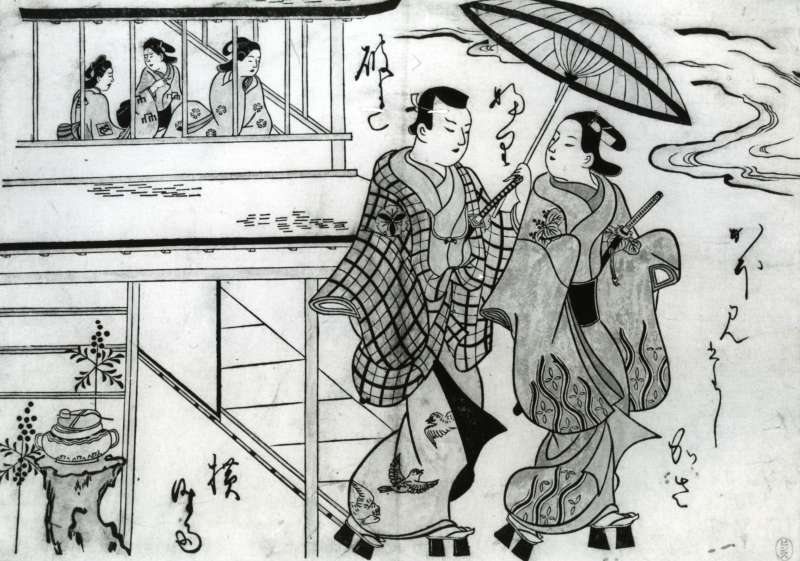 The actor Matsumoto Koshiro  I (1674-1730) and the onnagata Ogino  Sawanojo (1656-1704) in a play based on the story of the singer of ballads Kanto Koroku